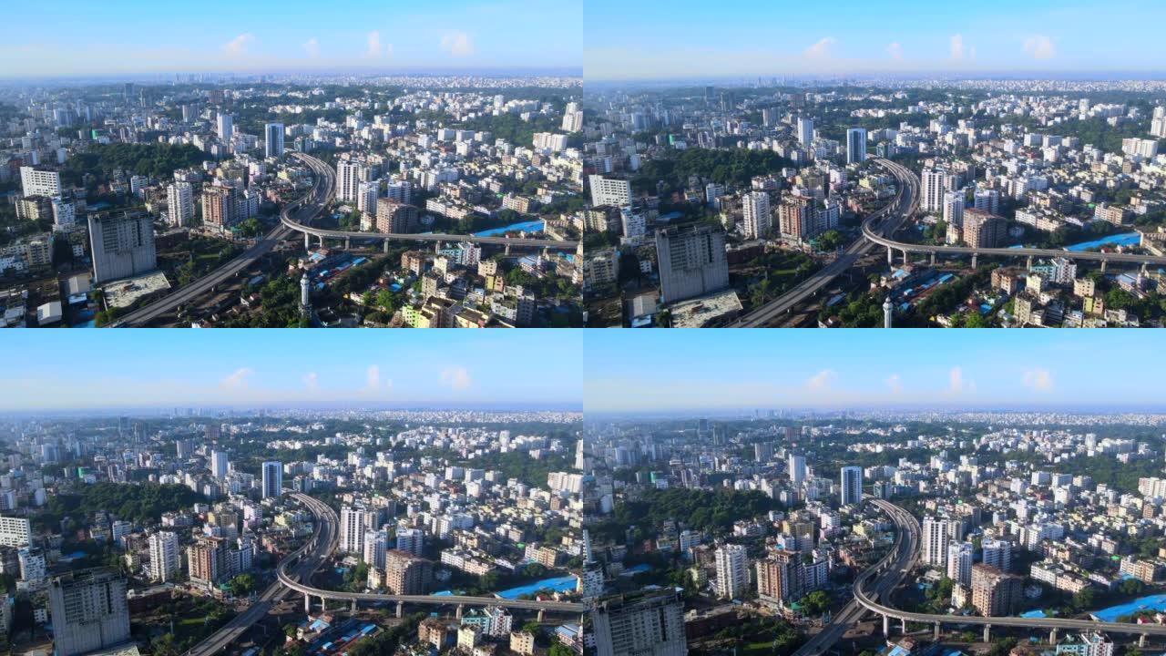 孟加拉国吉大港阿赫塔鲁扎曼立交桥的鸟瞰图。吉大港市住宅企业办公天际线
