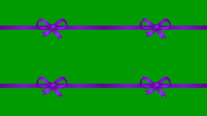 带蝴蝶结的动画紫罗兰丝带。矢量插图孤立在绿色背景上。