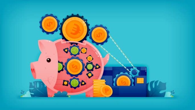 在存钱罐或银行中省钱的2d运动循环动画视频，以方便信用卡支付和财务访问。可以用于广告、应用程序和网站