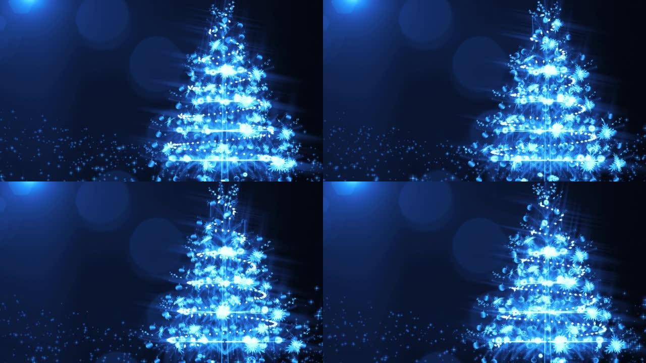 闪闪发光的圣诞树灯光闪烁蓝色背景