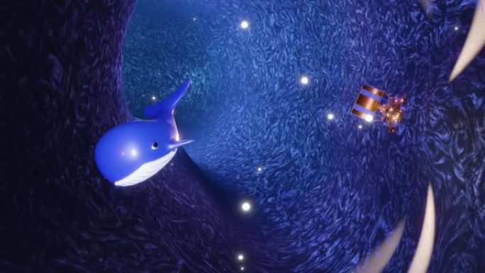 蒸汽朋克飞艇和鲸鱼在超空间隧道中飞行，紫光条纹高速，穿越维度，时间，循环3d动画