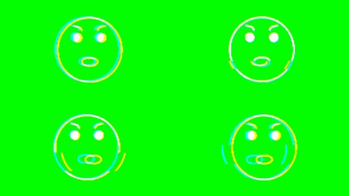 绿色背景上有毛刺效果的愤怒表情。表情符号运动图形。