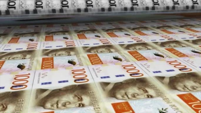 瑞典，瑞典克朗印刷机打印出当前1000克朗钞票，无缝循环，瑞典货币背景，4K，聚焦深度Smoot和尼