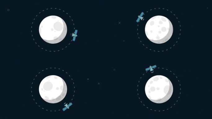 太空动画中的卫星绕月飞行，4k运动动画