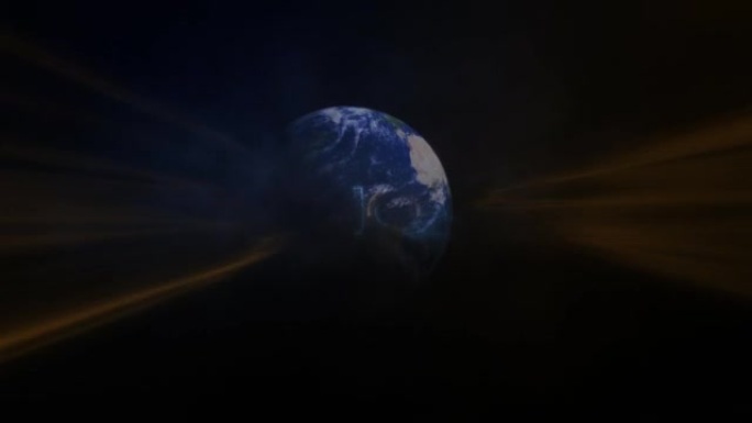 新普通文本电影标题预告片纹理的3D动画，带有旋转地球和黑色背景上的辉光闪光灯。