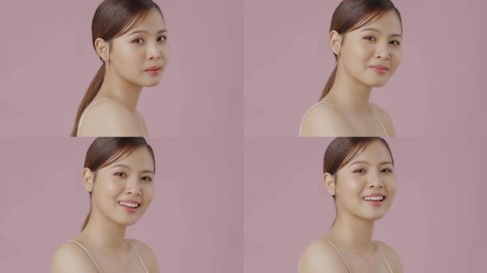 年轻亚洲女性的美丽肖像，皮肤光滑健康。美丽的年轻亚洲女人看着相机。