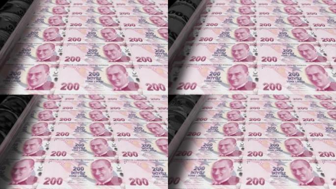 土耳其，土耳其里拉印刷机打印出当前200里拉钞票，无缝循环，土耳其货币背景，4K，聚焦深度Smoot