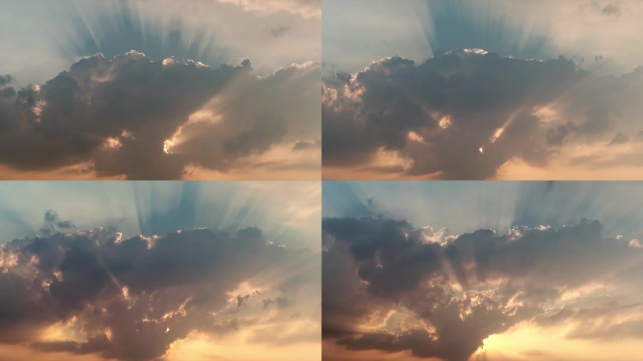 4K时间流逝雄伟的日落或日出景观。令人惊叹的自然之光云景天空和云朵移开滚动五颜六色的日落时间。自然环