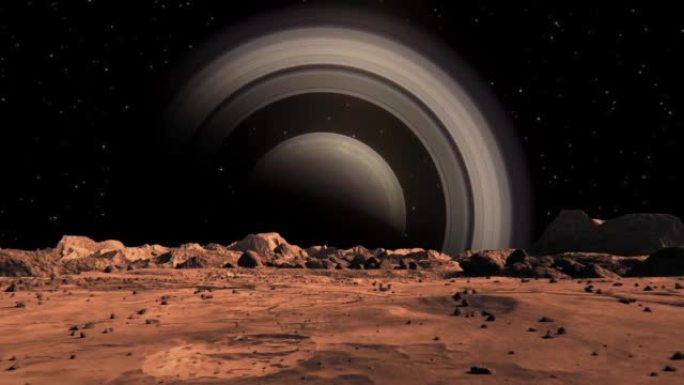 从火星上看到的带有小石头和红色沙子的土星在外层空间的镜头