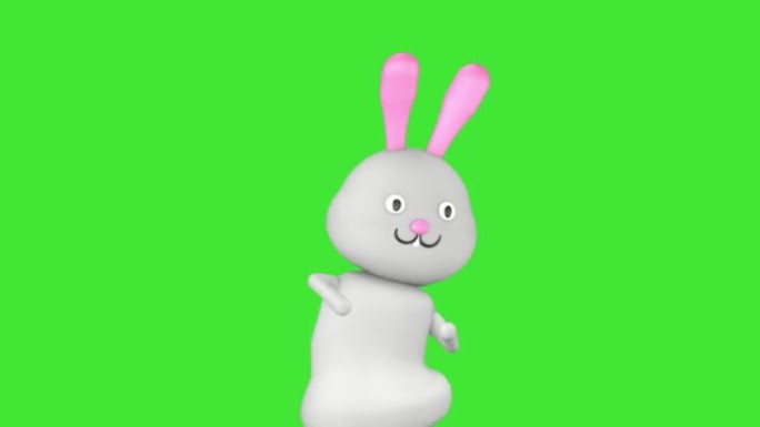 一只可爱的兔子的3D角色在绿屏背景上滑稽跳舞。