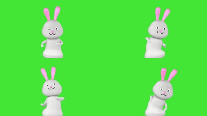 一只可爱的兔子的3D角色在绿屏背景上滑稽跳舞。
