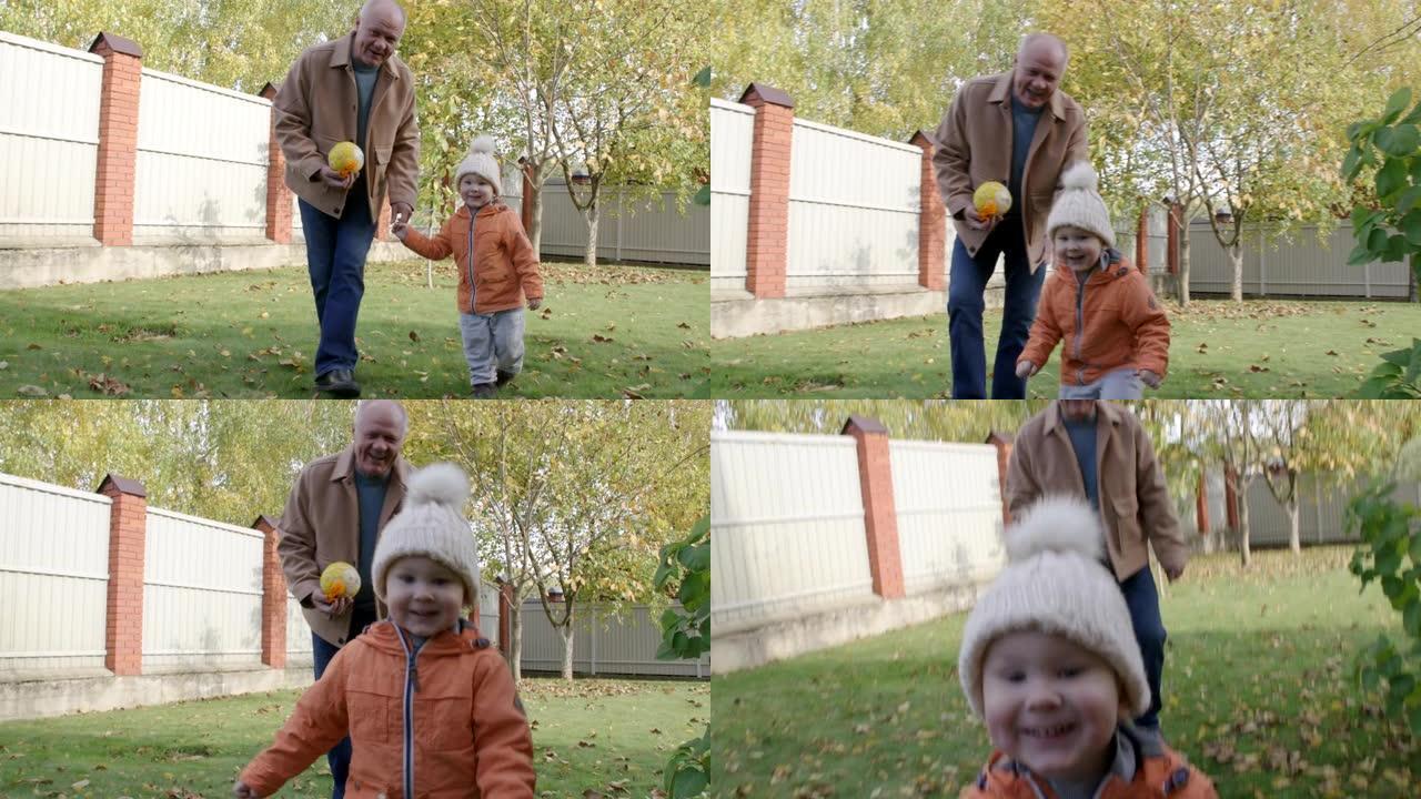 小男孩正在乡间别墅的后院和祖父玩耍。秋天的天气，男孩戴着针织帽
