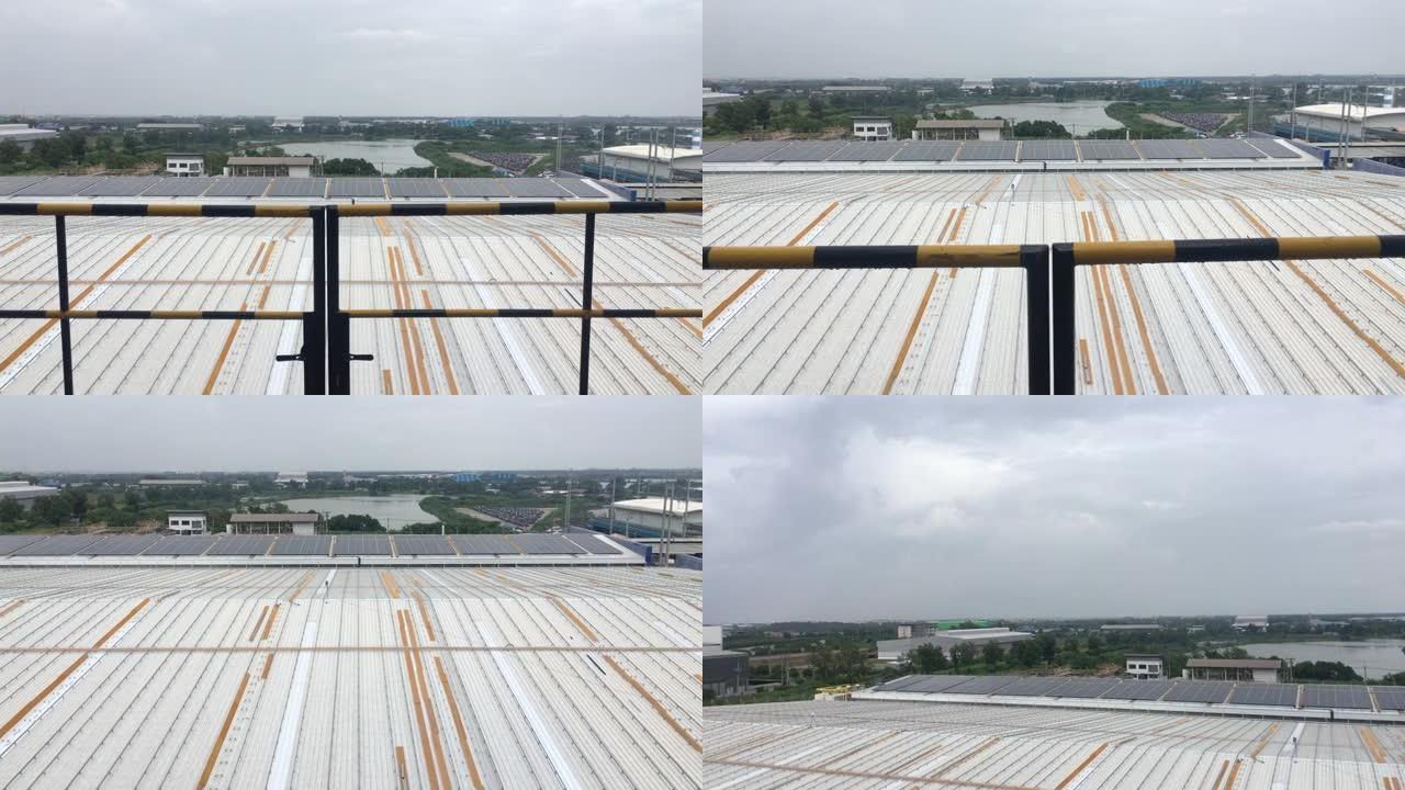 工厂屋顶太阳能电池的高角度视图，太阳能绿色能源