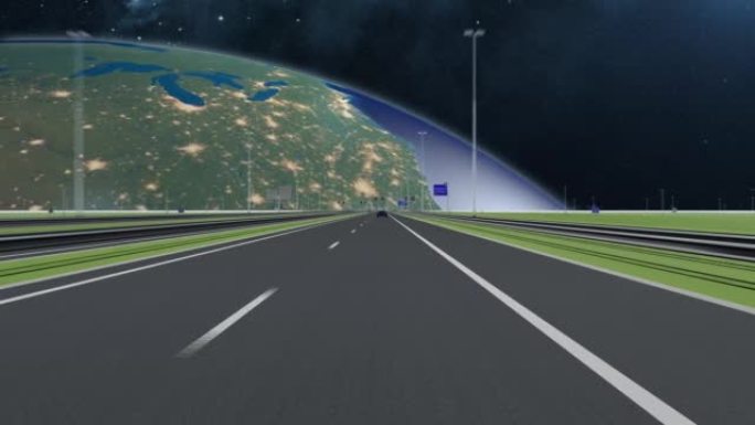 高速汽车在高速公路上行驶，背景是幻想的天空。汽车、旅行或创意相关促销和广告的完美模板概念