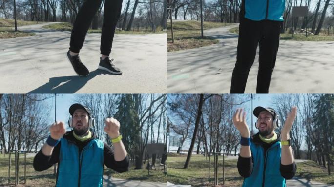 一个穿黑色衣服和蓝色夹克的人来到公园练习。小伙子在慢跑前伸展手臂和腿。他头上戴着帽子和耳机，手里拿着