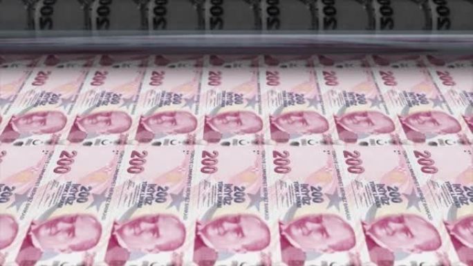 土耳其，土耳其里拉印刷机打印出当前200里拉钞票，无缝循环，土耳其货币背景，4K，聚焦深度Smoot