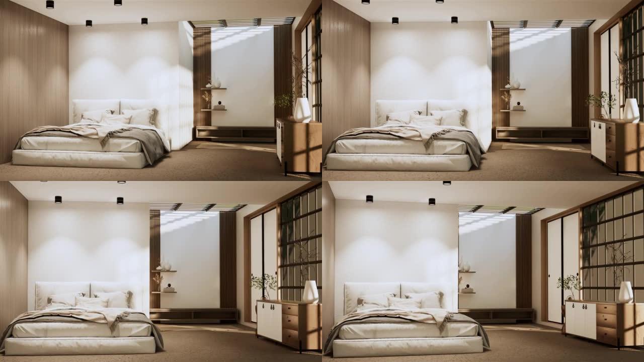 日本卧室里的Wabi sabi床和装饰植物。3D渲染。