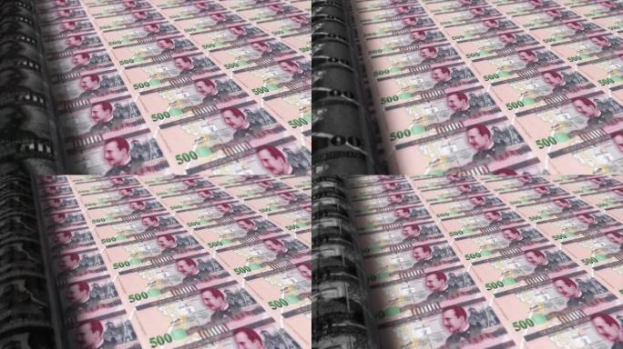 洪都拉斯，洪都拉斯伦皮拉印刷机打印出当前500伦皮拉钞票，无缝循环，洪都拉斯货币背景，4K，聚焦深度