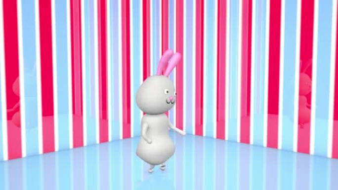 一只粉红色耳朵和尾巴的白兔在明亮的光泽空间中跳舞很有趣。有趣的视频。卡通兔子舞。