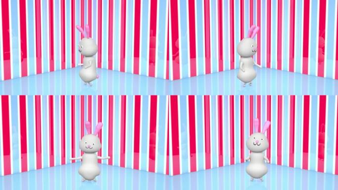 一只粉红色耳朵和尾巴的白兔在明亮的光泽空间中跳舞很有趣。有趣的视频。卡通兔子舞。