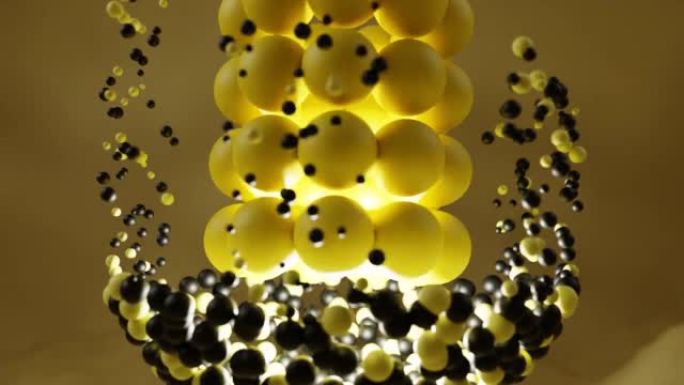 用黄色和黑色球体创建的场景中心的3D对象的4k视频。美丽的无缝循环动画为舞台表演。