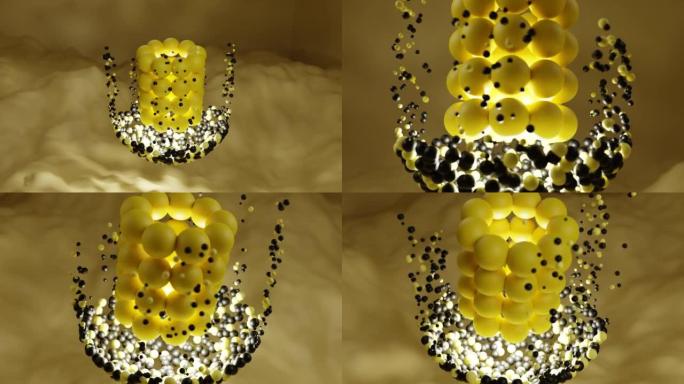 用黄色和黑色球体创建的场景中心的3D对象的4k视频。美丽的无缝循环动画为舞台表演。