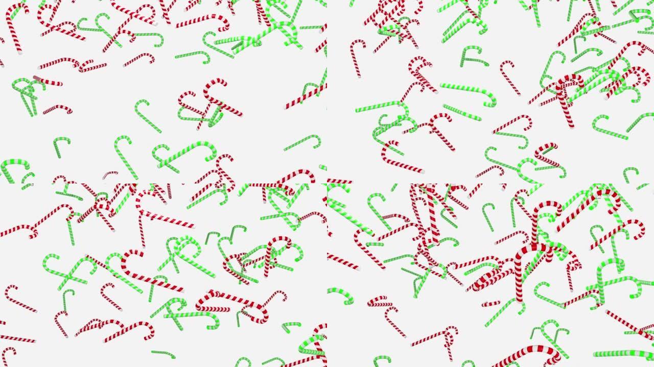 坠落黎明糖果手杖孤立在白色背景3d渲染。绿色和红色的甘蔗滴。节日概念与糖果棒糖果圣诞节或圣尼古拉斯日