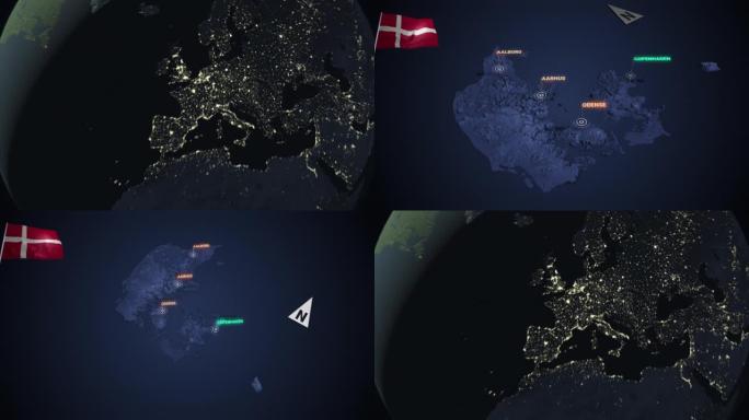 放大到丹麦的3d地图之夜