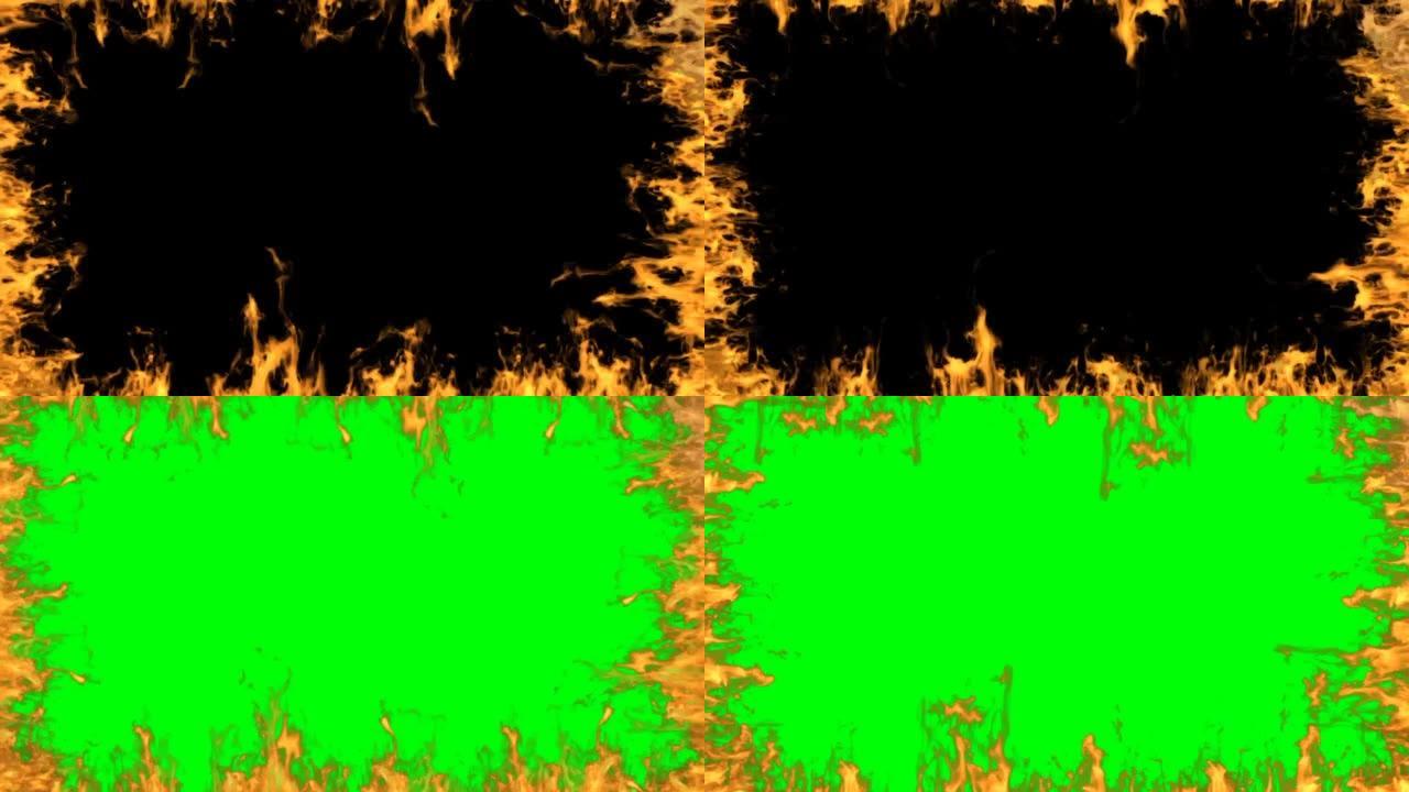 框架被火点燃。黑暗背景和绿色屏幕上的火框抽象动画