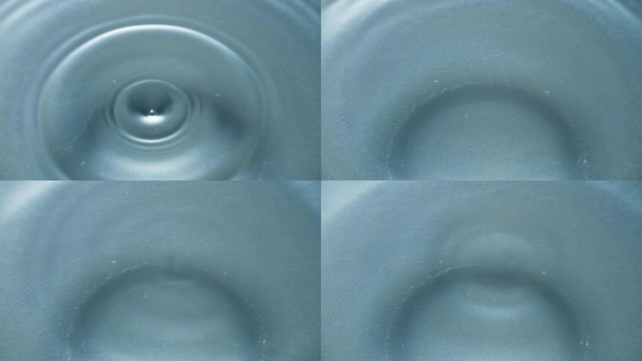 水团飞溅的透明液体特写。水面下降