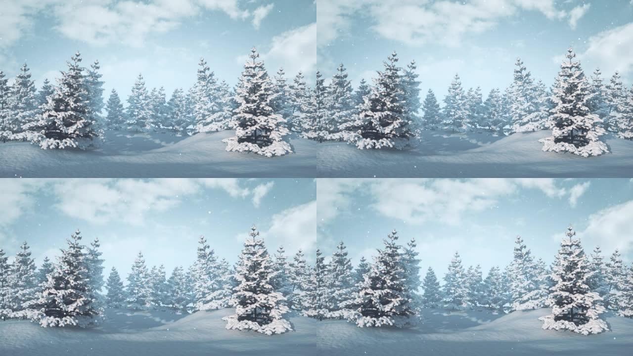 带有降雪圣诞节背景的圣诞树可循环