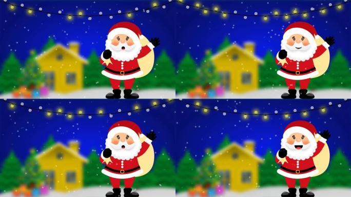 圣诞老人说你好动画站在模糊的圣诞背景与雪雨。圣诞运动摘要。