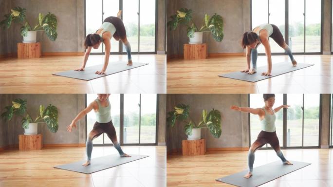 瑜伽教练健身、运动和健康生活方式概念 -- 女人在健身房或工作室的垫子上做瑜伽练习