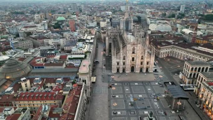 米兰鸟瞰图无人机在日出时拍摄市中心大教堂和大教堂广场