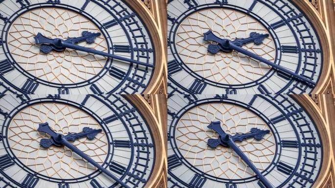 近距离观看大本钟的时间流逝视频。英国伦敦威斯敏斯特伊丽莎白塔的钟面。