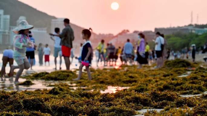 三亚大东海沐浴在夕阳余晖下的游客、市民