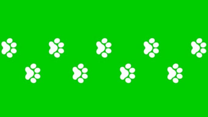 动画猫白色轨道。猫的爪印轮流出现。循环视频。矢量平面插图孤立在绿色背景上。