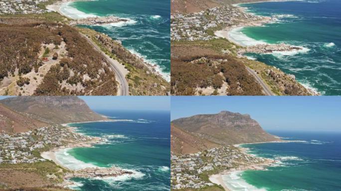 南非开普敦的景观，天空无人机可以看到自然土地、海洋和山脉。度假或暑假的旅游道路、海滩水浪和海岸线城镇