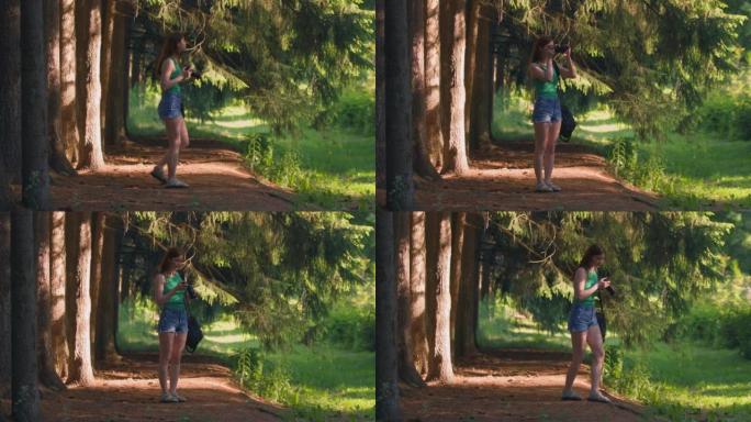 女孩旅行者拿着相机走在林地里，给森林拍照。在大自然中旅行、徒步旅行、休闲