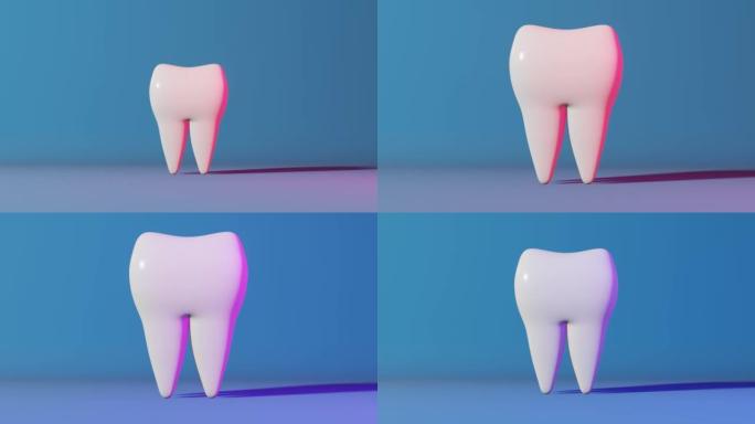 白色健康磨牙3D动画循环霓虹浅蓝色背景。牙釉质美白牙膏牙垢斑去除全国牙医日智齿拔牙。口腔护理牙科保险