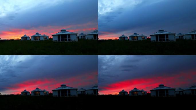 Sunset glow over Hulunbuir grassland, time lapse.