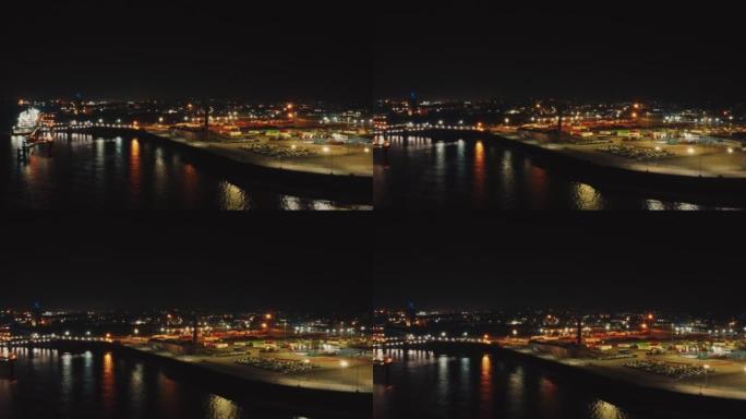 英国利物浦城市和港口夜间的空中无人机视图