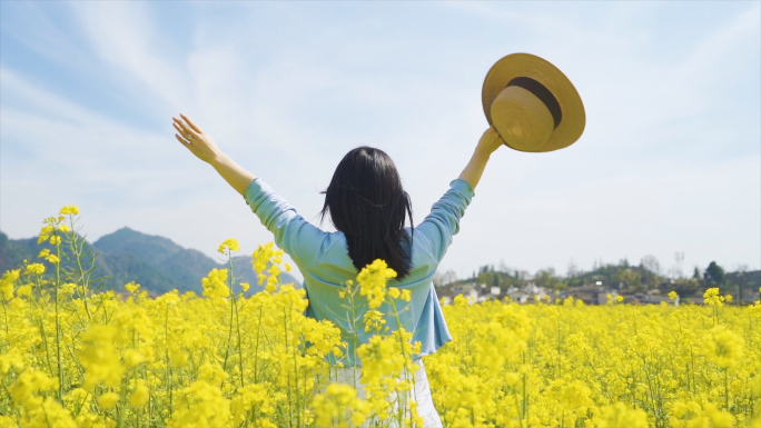 唯美清新美女手摸油菜花青春文艺春游踏青