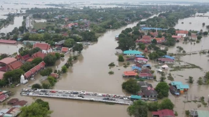 泰国大城府洪水的鸟瞰图