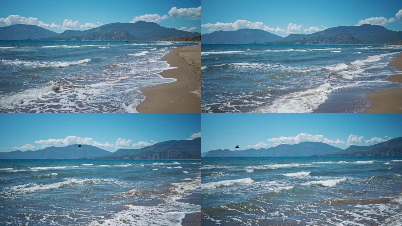 在土耳其美丽的沙滩空旷的海滩Iztuzu，阳光明媚的夏日风日，海浪挥舞着大海。