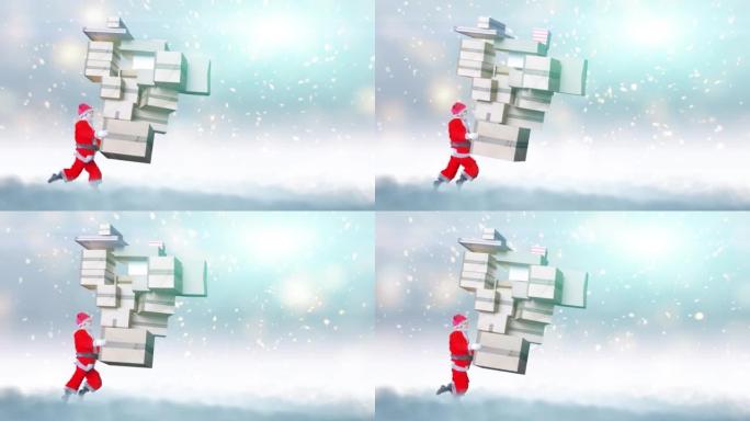 圣诞老人正在奔跑，急于携带带有圣诞节礼物循环渲染3d的邮件包裹
