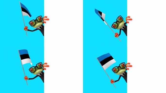 有趣的3D卡通青蛙，带有爱沙尼亚的旗帜，包括阿尔法频道