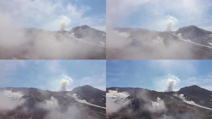 空中Mutnovsky火山的火山口，带有喷气孔和火山气体