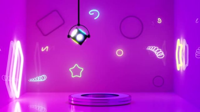 房间里有霓虹灯、迪斯科灯、抽象几何化妆品展示柜底座紫色、紫色背景的3d圆筒舞台讲台。模型现代场景，3