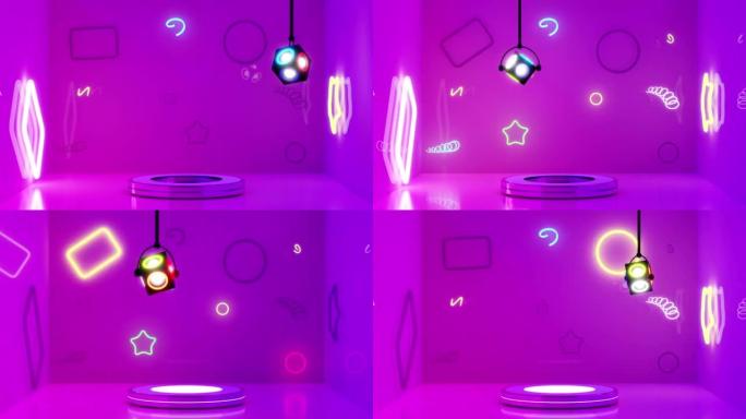 房间里有霓虹灯、迪斯科灯、抽象几何化妆品展示柜底座紫色、紫色背景的3d圆筒舞台讲台。模型现代场景，3